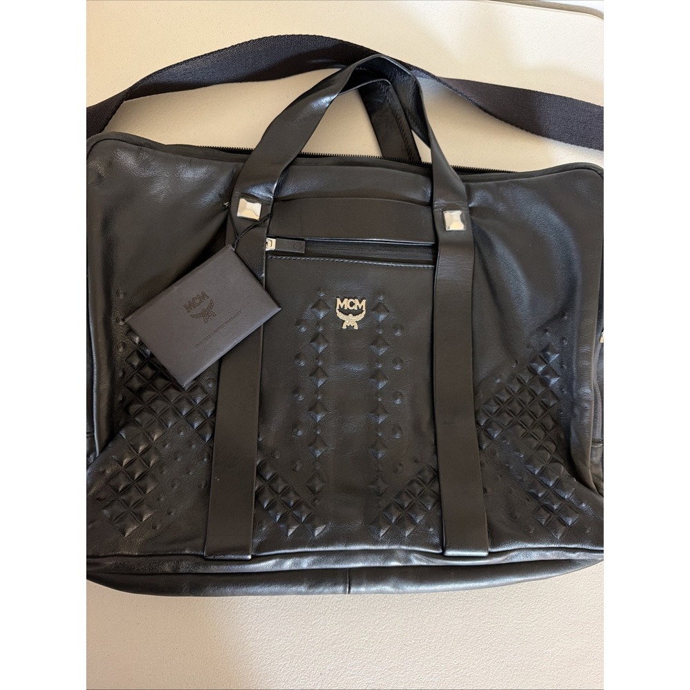 MCM Black Leather Briefcase Studded Embossed Document Case Laptop Bag W/ Tag